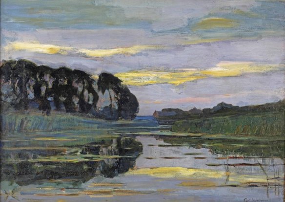 Piet Mondrian (1872–1944) Farmstead on the Gein Screened by Tall Trees with Streaked Sky (c. 1907)